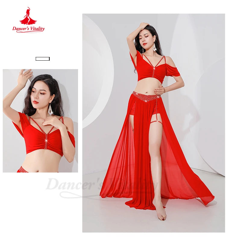 Belly Dance Professional Suit for Women Mesh Short Sleeves Top+sexy Split Long Skirt 2pcs Girl&