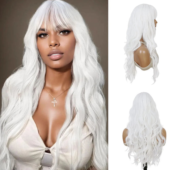 Synthetic Long Wavy Wigs for Women 28 Inch White Wig with Bangs Natural Looking Heat Resistant Halloween Costume Cosplay Wig