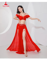 Belly Dance Professional Suit for Women Mesh Short Sleeves Top+sexy Split Long Skirt 2pcs Girl&