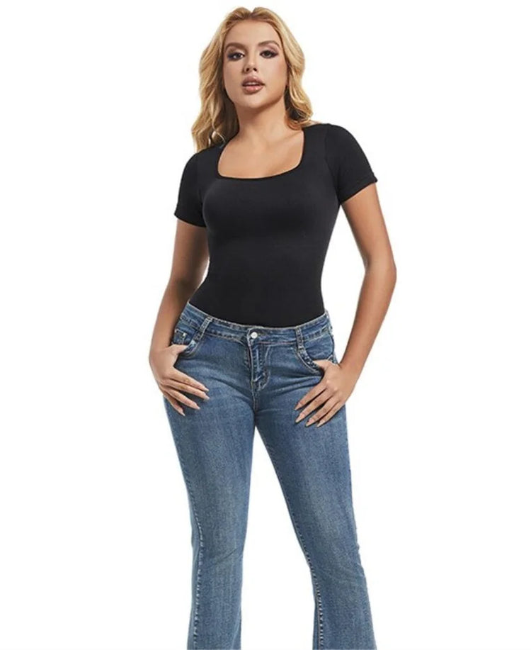 GUUDIA Short Sleeve Open Crotch Big U Neck Seamless Shapers Spandex Elastic Body Suit Shapewear Women Body Shaper Tummy Control - Lena & Miles Exquisite Boutique LLC.