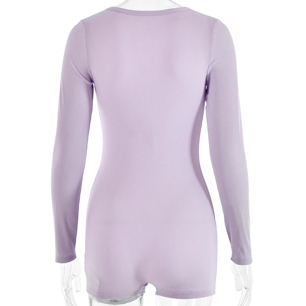 Sibybo Basics Ribbed Playsuit Casual Long Sleeves Button Top Fashion Solid Color High Waist Skinny Playsuit Autumn Women Clothes - Lena & Miles Exquisite Boutique LLC.