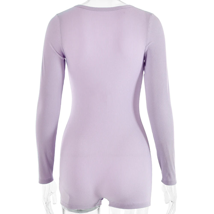 Sibybo Basics Ribbed Playsuit Casual Long Sleeves Button Top Fashion Solid Color High Waist Skinny Playsuit Autumn Women Clothes - Lena & Miles Exquisite Boutique LLC.