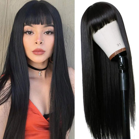 Cosplay Black Pink Synthetic Long Straight Wigs With Bangs For Woman On Clearance Sale Natural Full Head Set Fashion Wigundle