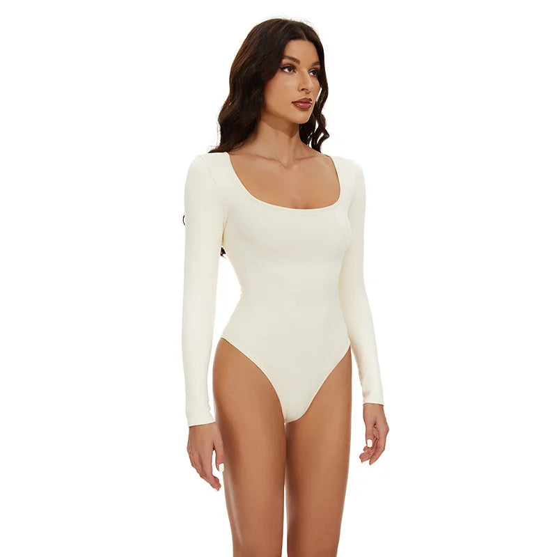 GUUDIA Open Crotch Big U Neck Seamless Bodysuit Long Sleeve Spandex Elastic Body Suit Shapewear Tummy Control Waist Shapers - Lena & Miles Exquisite Boutique LLC.