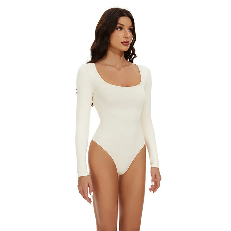 GUUDIA Open Crotch Big U Neck Seamless Bodysuit Long Sleeve Spandex Elastic Body Suit Shapewear Tummy Control Waist Shapers - Lena & Miles Exquisite Boutique LLC.