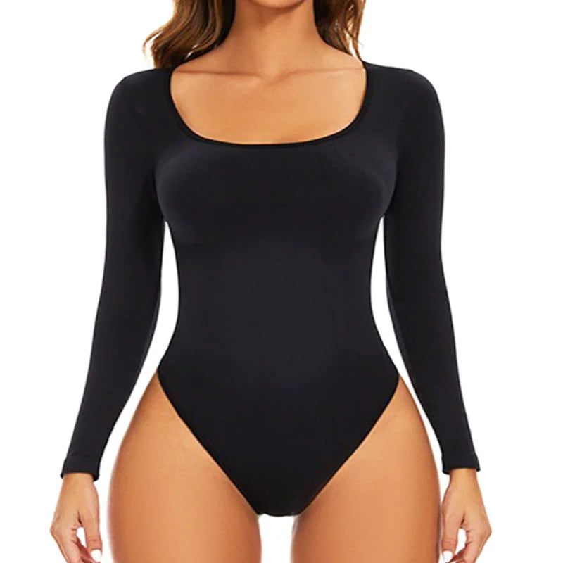 GUUDIA Open Crotch Big U Neck Seamless Bodysuit Long Sleeve Spandex Elastic Body Suit Shapewear Tummy Control Waist Shapers - Lena & Miles Exquisite Boutique LLC.