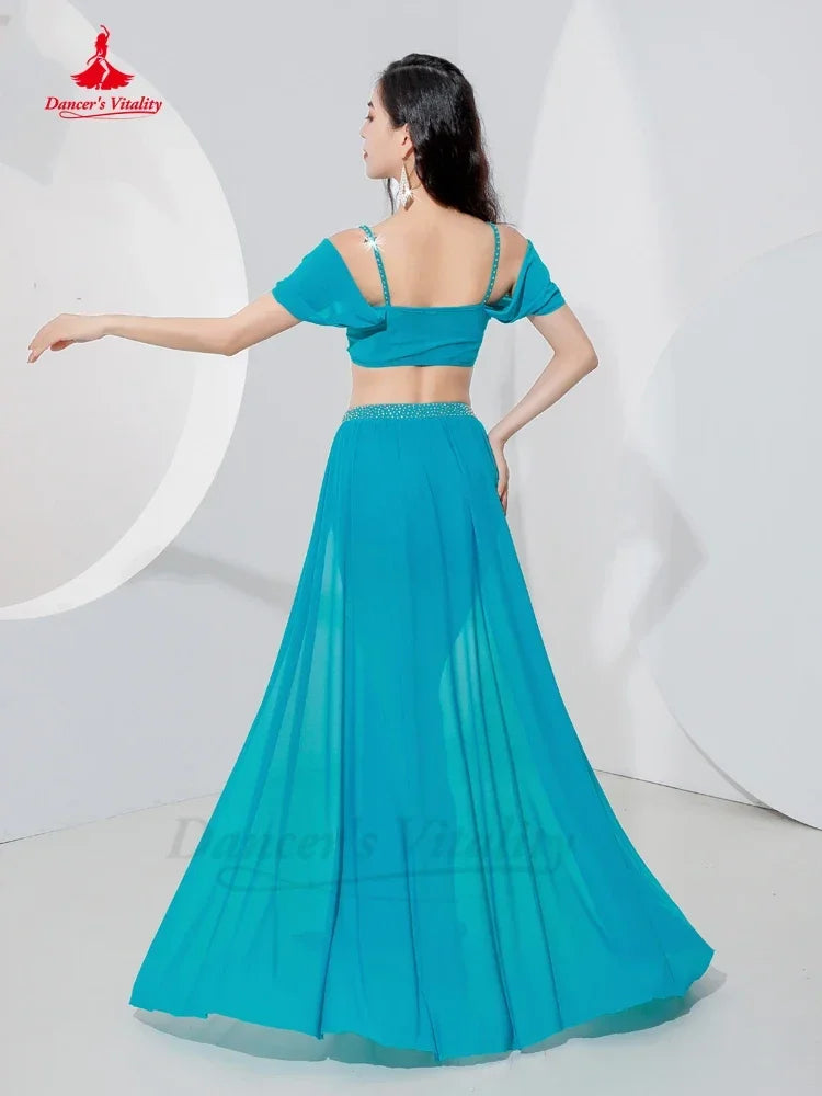 Belly Dance Professional Suit for Women Mesh Short Sleeves Top+sexy Split Long Skirt 2pcs Girl&