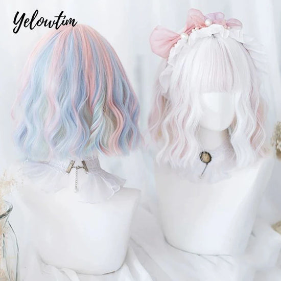 YELOWTIM White Yellow Pink Blue BOBO Synthetic Wigs Short Natural Wave Hair Wig For Women Party Daily Heat Resistant Halloween
