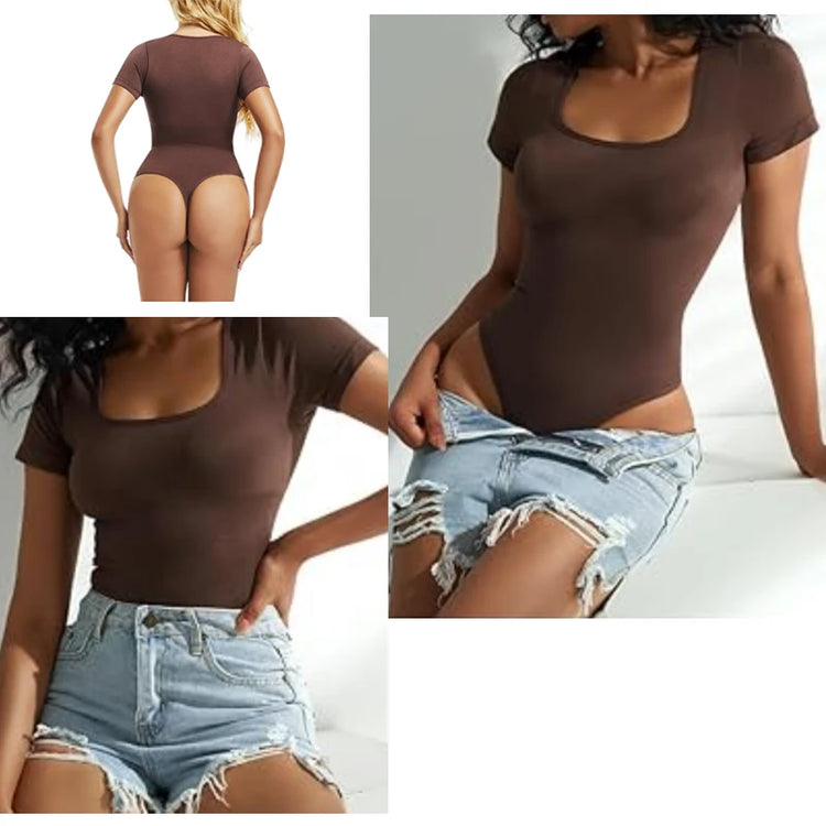 GUUDIA Short Sleeve Open Crotch Big U Neck Seamless Shapers Spandex Elastic Body Suit Shapewear Women Body Shaper Tummy Control - Lena & Miles Exquisite Boutique LLC.
