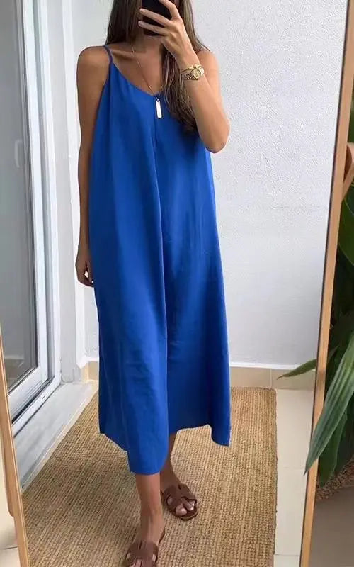 Summer Loose Spaghetti Strap Dresses Women Solid Color V-neck Casual Commuting Sleeveless Long Dress Female Fashion New Vestidos