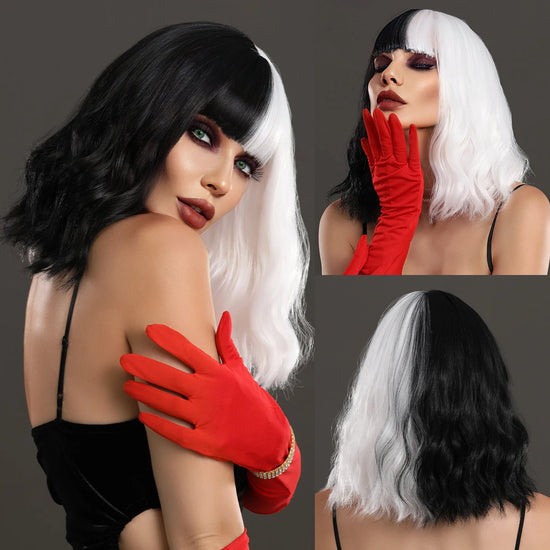 NAMM Halloween Cosplay Wig Synthetic Hair Wig Black with White Natural Bob Wavy Wig with Bangs Cruella Devil Wigs for Women Use