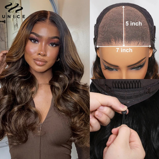 UNICE Hair Upgrade Drawstring Balayage Body Wave Wig 7x5 Pre Cut Pre Bleached Lace Front Human Hair Glueless Wig 150% Density