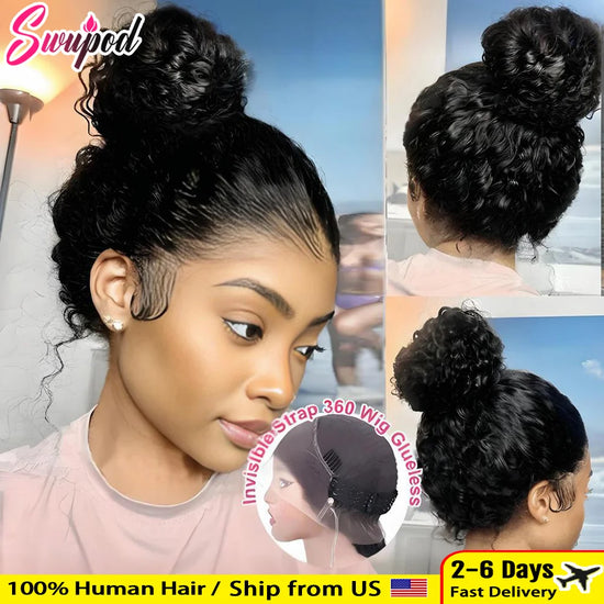 250 Density HD Invisi Strap 360 Full Lace Frontal Kinky Curly Wig 30 inch Black Human Hair Drawstring Snug Water Wig Glueless