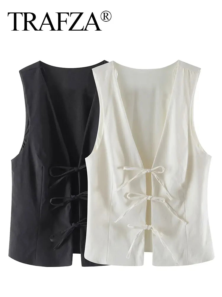 TRAFZA Women Fashion Lace Up Vest V Neck - Lena & Miles Exquisite Boutique LLC.