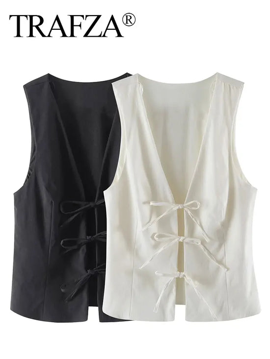 TRAFZA Women Fashion Lace Up Vest V Neck - Lena & Miles Exquisite Boutique LLC.