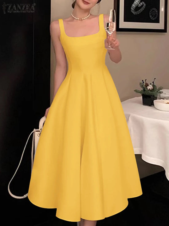 ZANZEA Women Sleeveless Tank Dress Vintage Solid A-line Dresses 2024 Summer Holiday Waisted Robe Casual Square Collar Midi Robe