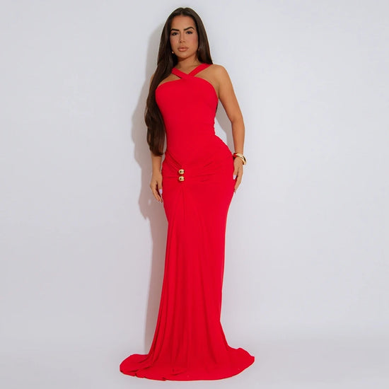 STYLISH LADY Elegant Draped Maxi Dress 2025 Summer Women Sleeveless Backless Bodycon Solid Color Party OL Long Dresses
