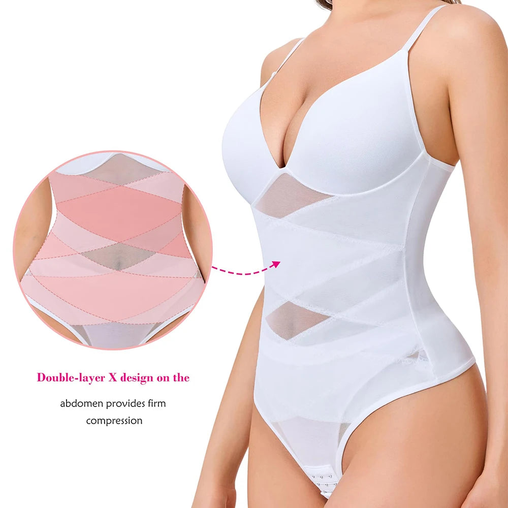 Women Tummy Control Body Shaper Mesh Slimming Waist Briefs Bodysuit V Neck Body Shaper Butt Lifter Smooth Body with Built in Bra - Lena & Miles Exquisite Boutique LLC.