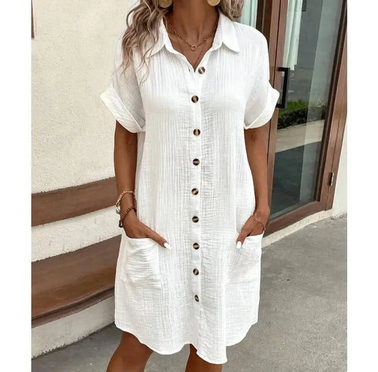 Summer Solid Simple Short Sleeve Shirt Dress Women&