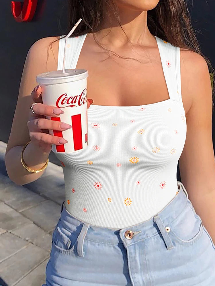 Summer New Fashion Square Collar Solid Color Sleeveless Bodysuit High Waist Sexy Tight Women&