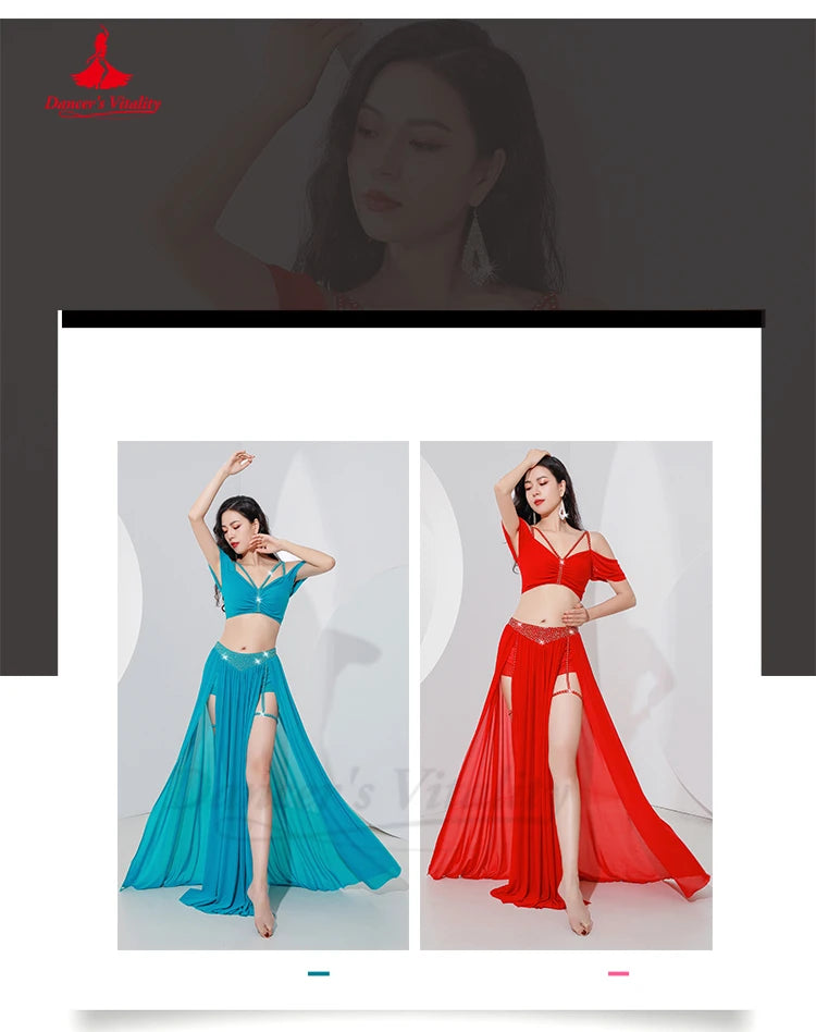 Belly Dance Professional Suit for Women Mesh Short Sleeves Top+sexy Split Long Skirt 2pcs Girl&