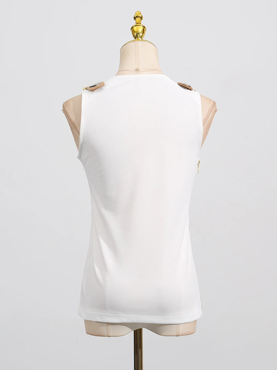 VGH American Retro Streetwear Tops for Women Square Collar Sleevelesss Patchwork Metal Buckle Waistcoat Female Summer Clothing - Lena & Miles Exquisite Boutique LLC.