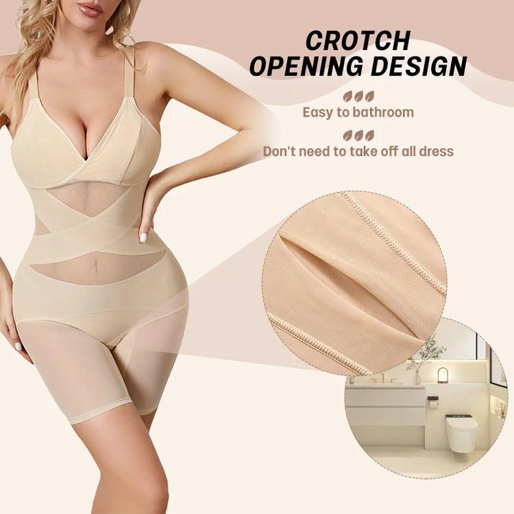 Women Body Shaper Cross Compression Tummy Control Butt Lifter Mesh Shapewear Bodysuit Faja With Open Crotch - Lena & Miles Exquisite Boutique LLC.