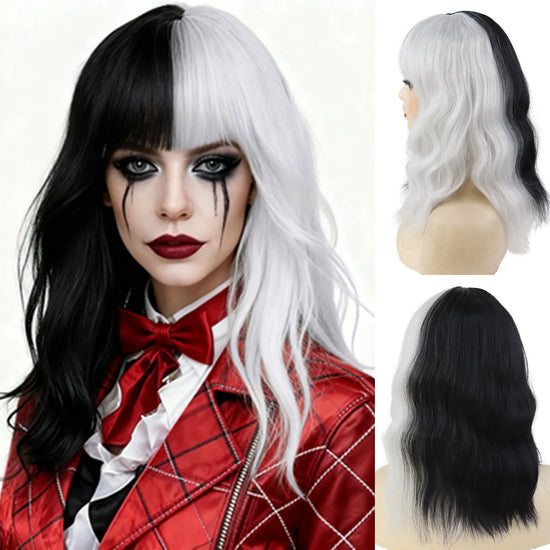 Synthetic Half White Half Black Wigs for Women Lady 17 Inch Long Wavy Wig with Bangs Halloween Cosplay Party White and Black Wig