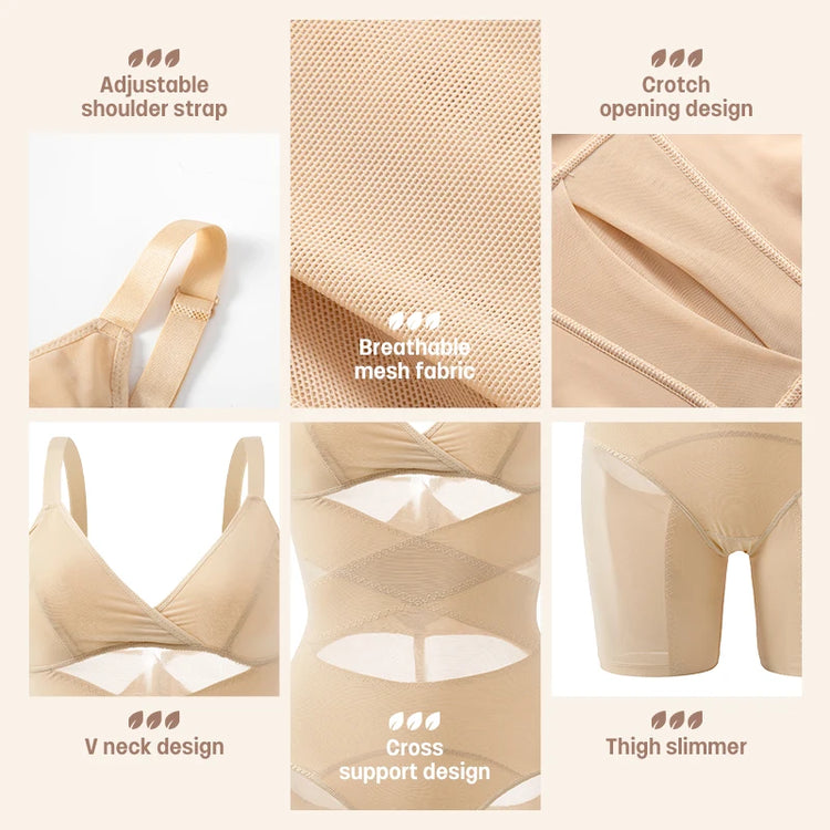 Women Body Shaper Cross Compression Tummy Control Butt Lifter Mesh Shapewear Bodysuit Faja With Open Crotch - Lena & Miles Exquisite Boutique LLC.