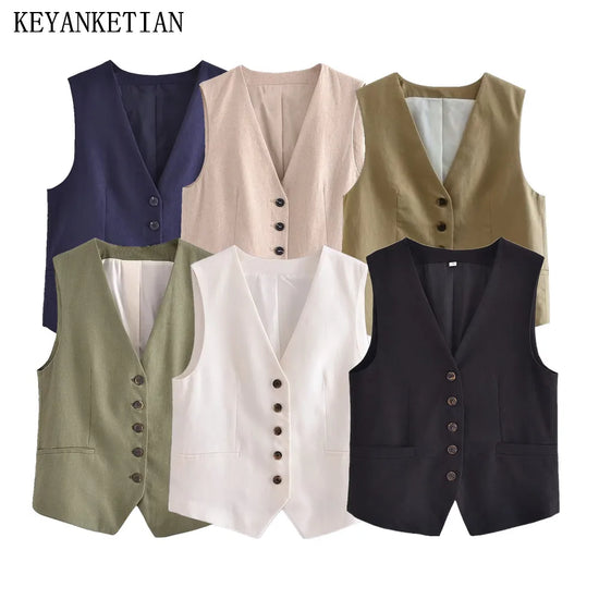 KEYANKETIAN Summer New Linen Texture V- - Lena & Miles Exquisite Boutique LLC.