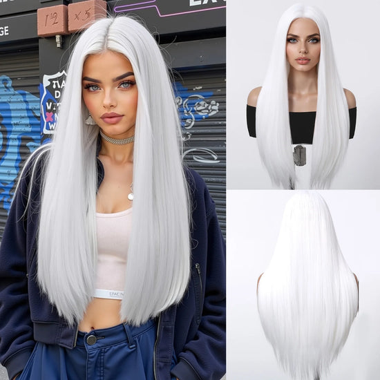 Silvery White Long Straight Wig Synthetic Women&