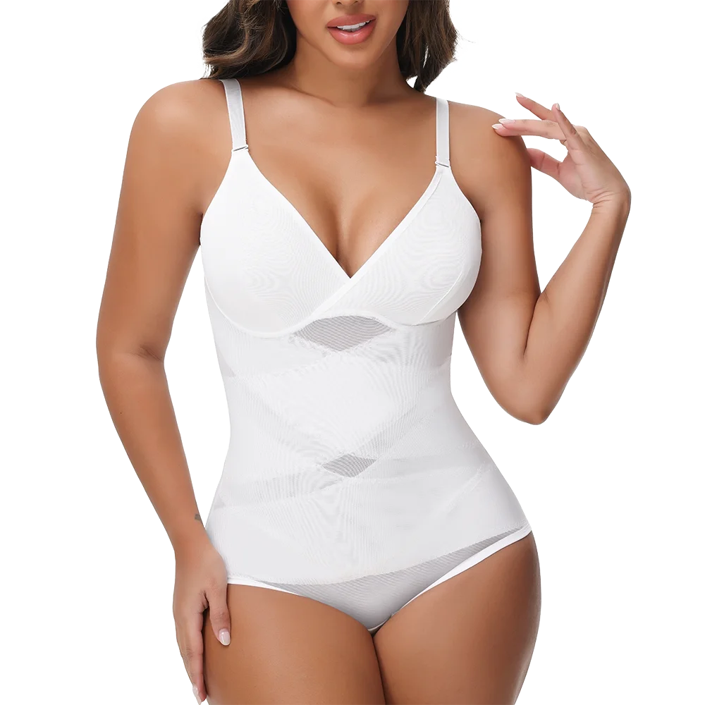 Women Tummy Control Body Shaper Mesh Slimming Waist Briefs Bodysuit V Neck Body Shaper Butt Lifter Smooth Body with Built in Bra - Lena & Miles Exquisite Boutique LLC.