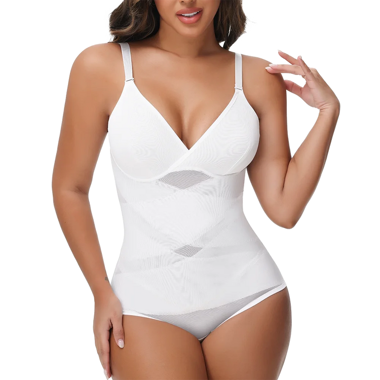 Women Tummy Control Body Shaper Mesh Slimming Waist Briefs Bodysuit V Neck Body Shaper Butt Lifter Smooth Body with Built in Bra - Lena & Miles Exquisite Boutique LLC.