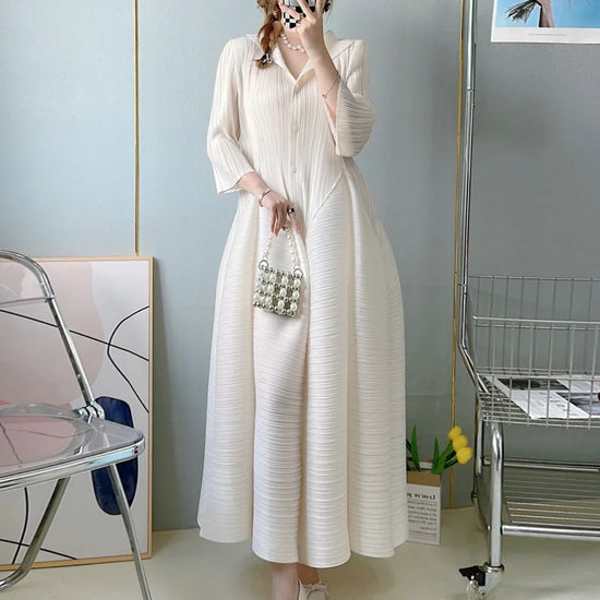 Miyake Pleated Cardigan Single Breasted Flower Bud Long Dress Women 2024 Spring Abaya Elegant Causal Loose Plus Size Clothes