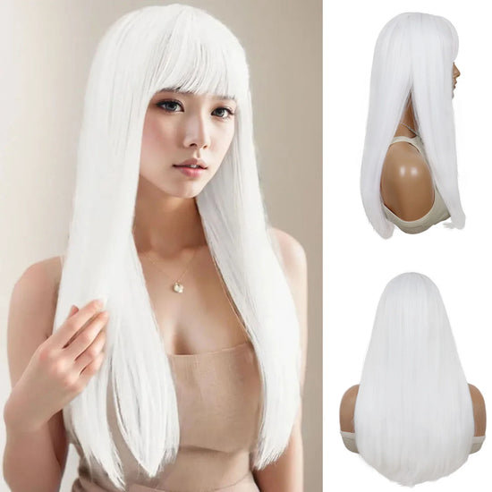 26 Inch Long White Wigs for Women Synthetic Smooth Straight Hair Wig with Bangs Natural Looking Drag Queen Halloween Costume Wig