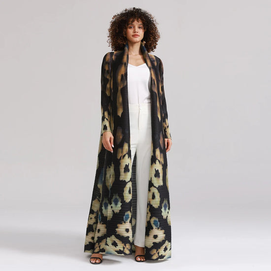 Miyake Pleated Turndown Collar Long Sleeve Printed Cardigan Abaya Women 2025 Spring New Original Designer Loose Coats Dress