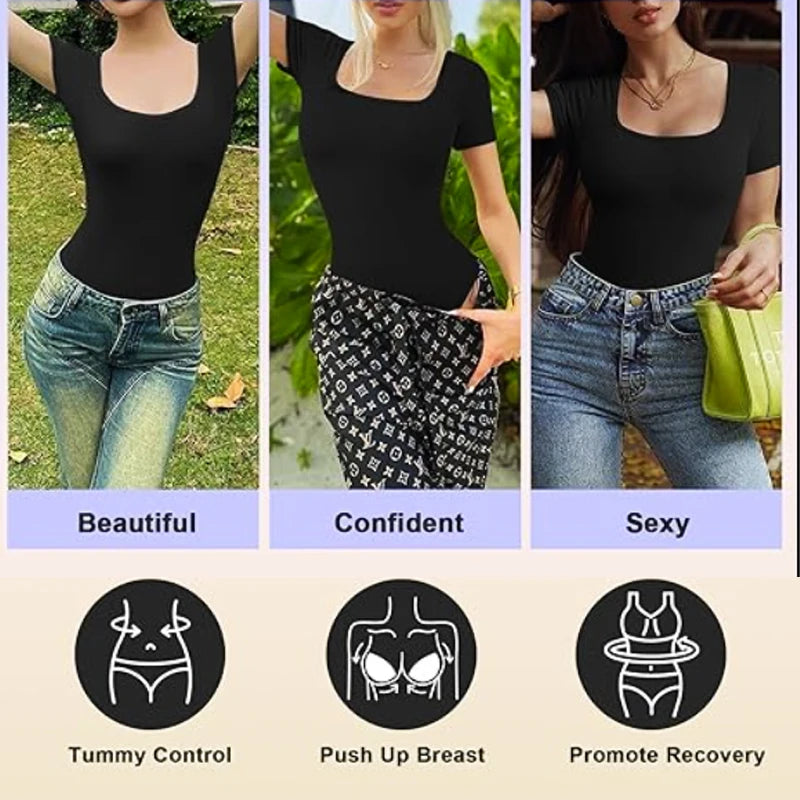 GUUDIA Short Sleeve Open Crotch Big U Neck Seamless Shapers Spandex Elastic Body Suit Shapewear Women Body Shaper Tummy Control - Lena & Miles Exquisite Boutique LLC.