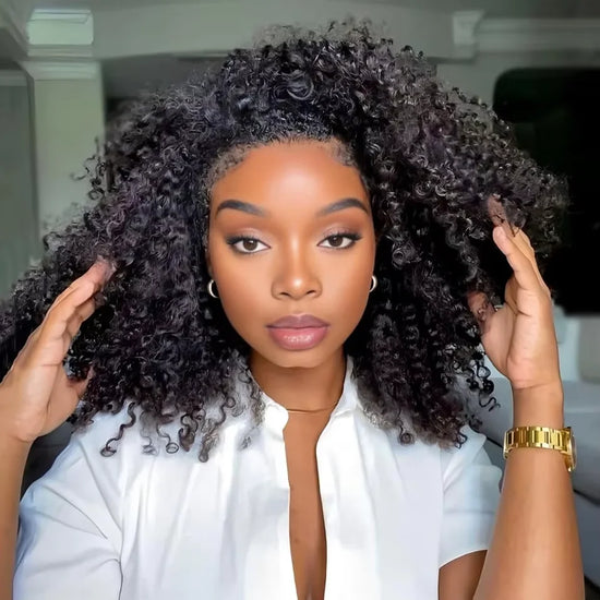 Glueless Human hair Wigs Kinky Curly Headband Wig Upgrade 3 IN 1 Half Wig With Drawstring Seamless Clip Ins Flip Over For Women