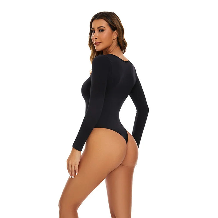 GUUDIA Open Crotch Big U Neck Seamless Bodysuit Long Sleeve Spandex Elastic Body Suit Shapewear Tummy Control Waist Shapers - Lena & Miles Exquisite Boutique LLC.