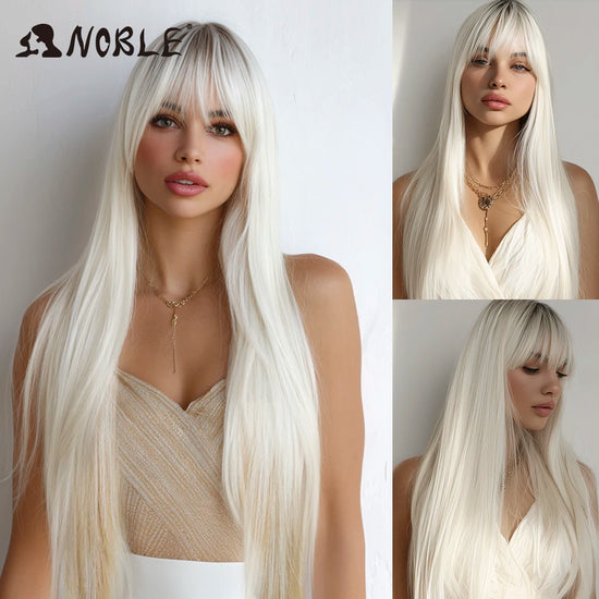 Noble Synthetic Wig With Bangs Long 36 Inch Straight White Wig Ombre Blond Wig Colored Wig Wig For Women Cosplay Wig For Women
