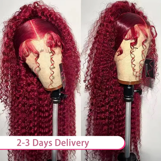 250 300 Density 46 Inch Burgundy Deep Wave Wigs 13x6 Transparent HD Lace Frontal Human Hair Wig 99J Kinky Curly Wig For Women