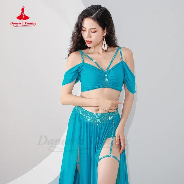Belly Dance Professional Suit for Women Mesh Short Sleeves Top+sexy Split Long Skirt 2pcs Girl&