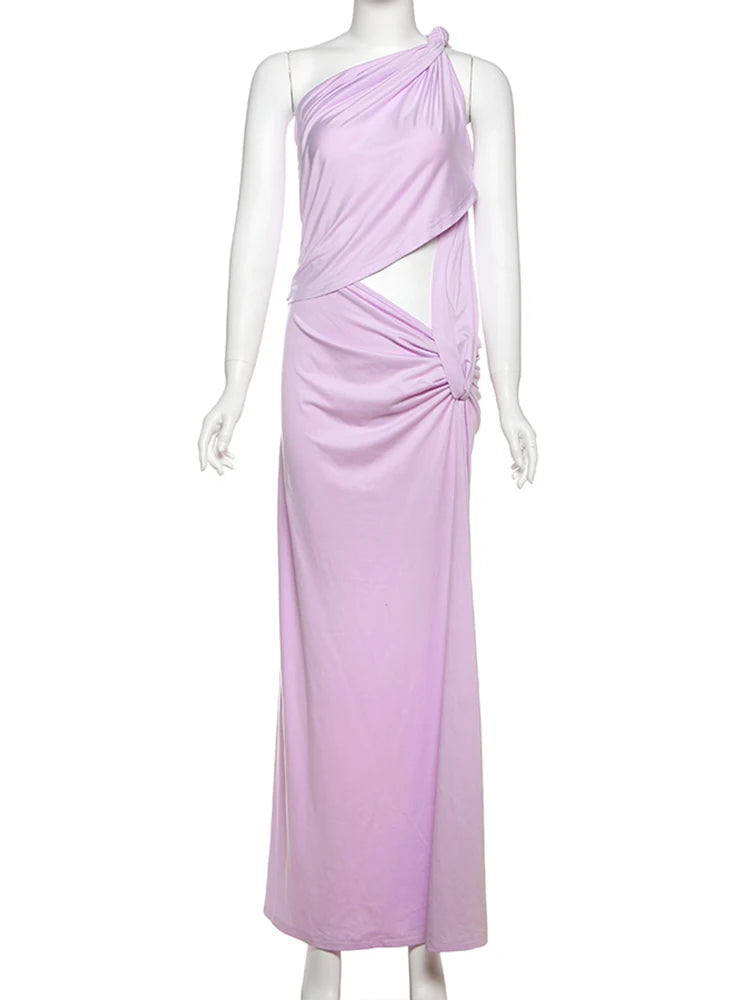 kliou Asymmetrical Incline Shoulder Women Dress High Street Concise Unique Tied Pleated Sleeveless Maxi Bodycon Mujer Party Robe - Lena & Miles Exquisite Boutique LLC.