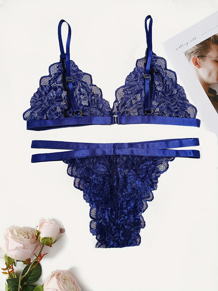 Sexy Floral Lace Lingerie Set - Triangle Cups Plunge Bra, Semi-Sheer Panties, Adjustable Straps, Comfortable Fit - Womens Romantic Underwear for Date Night or Special Occasions - Lena & Miles Exquisite Boutique LLC.