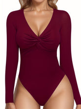 Bodysuits For Women Deep V Neck Twist Knot Fitted Long Sleeve Bodysuit Basic Tops Casual - Lena & Miles Exquisite Boutique LLC.