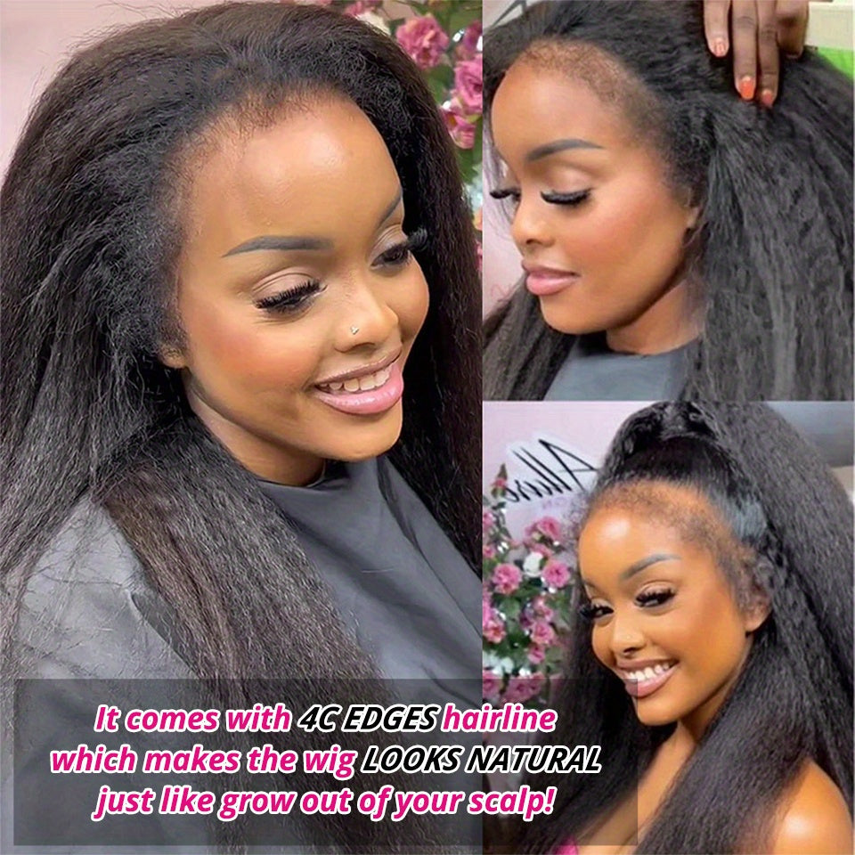 Kinky Straight 4C Edges Wig Human Hair 13x4 Lace Front Human Hair Wigs Yaki Straight Lace Front Wig For Women Brazilian Remy Human Hair Wig With Curly Baby Hair 18-30 Inch Natural Color - Lena & Miles Exquisite Boutique LLC.