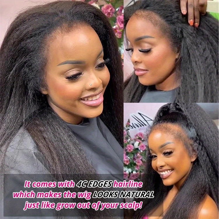Kinky Straight 4C Edges Wig Human Hair 13x4 Lace Front Human Hair Wigs Yaki Straight Lace Front Wig For Women Brazilian Remy Human Hair Wig With Curly Baby Hair 18-30 Inch Natural Color - Lena & Miles Exquisite Boutique LLC.
