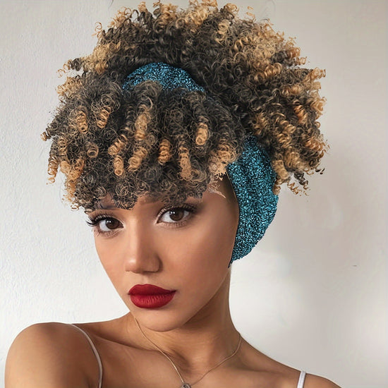Headband Wigs For Women, Synthetic Short Afro Kinky Curly Wigs Dark Brown Wig With Bangs Wrap Wigs 2 In 1 Turban Wig Drawstring High Puff Wigs Headwrap Wigs With Headband Attached Updo Music Festival - Lena & Miles Exquisite Boutique LLC.
