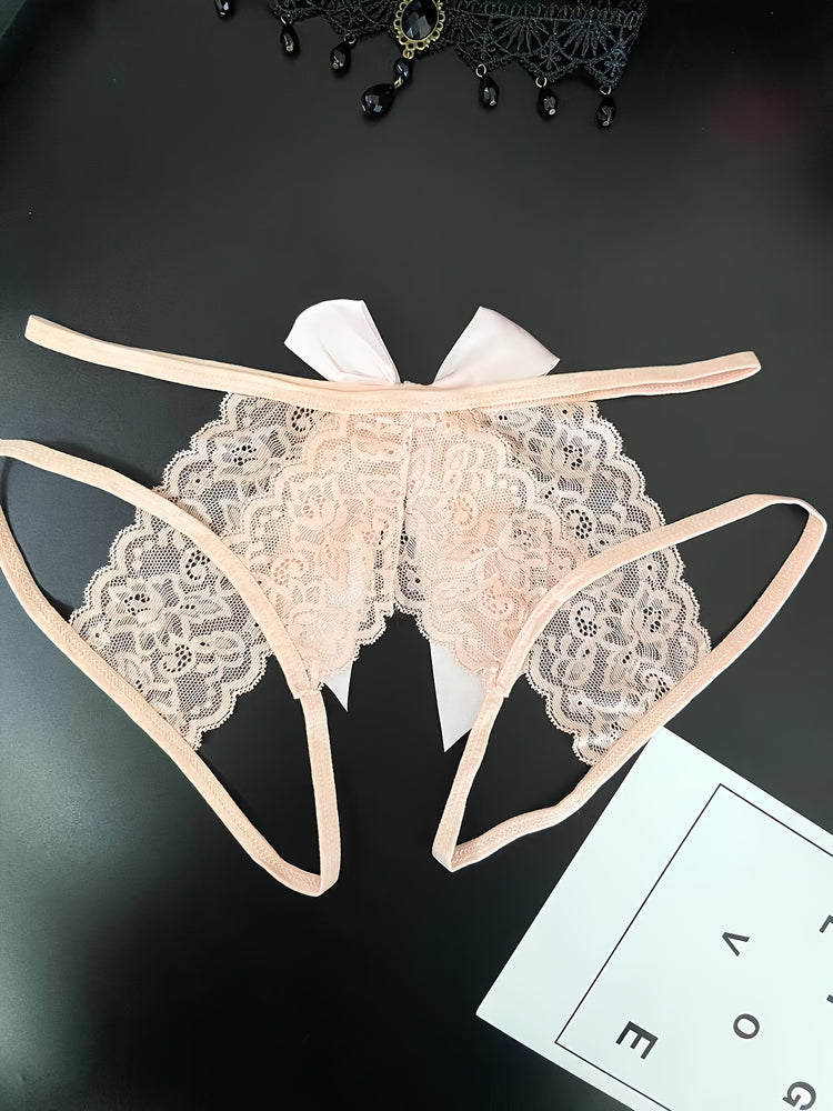 Semi-Sheer Jacquard Knit Briefs - Contrast Lace, Cut Out Scallop Trim, Open Crotch, Hand Wash Only, Sexy Womens Lingerie & Underwear for Adults - Lena & Miles Exquisite Boutique LLC.