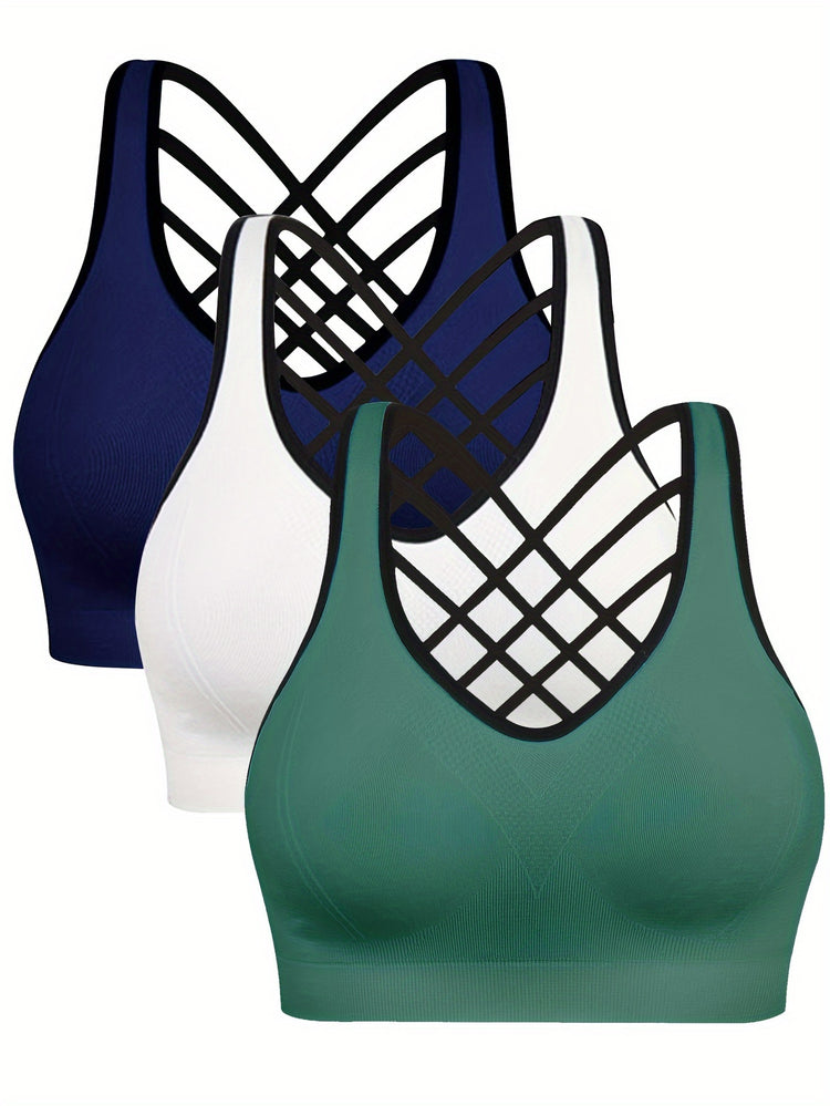 3pcs Criss Cross Back Sports Bras, Comfy & Breathable versatile Fitness Tank Bra, Women&